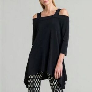 CLARA SUN WOO Tunic Top Sz M Black Mock Neck Lagenlook Artsy 1/2-Sleeve EUC